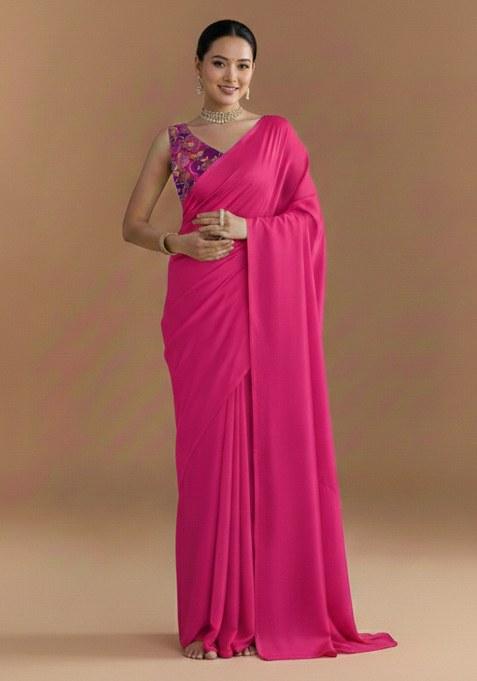 Rani Pink Embroidered Crepe Pre Draped Saree Set