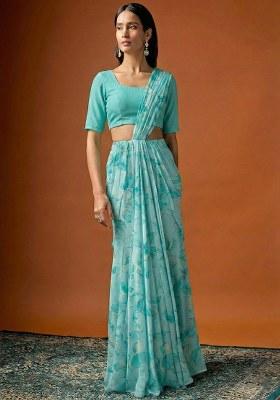 Aqua Blue Floral Print Georgette Pre Draped Saree Set