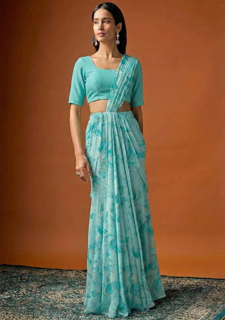 Aqua Blue Georgette Pre Draped Saree Set with Floral Print for Diwali | Wedding & Festive Wear - Indya