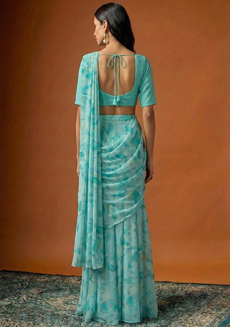 Aqua Blue Floral Print Georgette Pre Draped Saree Set - Indya
