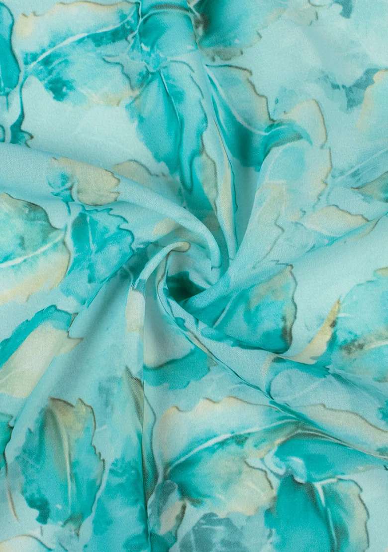 Aqua Blue Georgette Pre Draped Saree Set with Floral Print for Diwali | Wedding & Festive Wear - Indya
