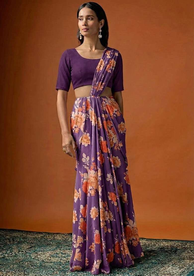 Purple Floral Print Georgette Pre Draped Saree Set for Diwali and Festive Wear - Indya