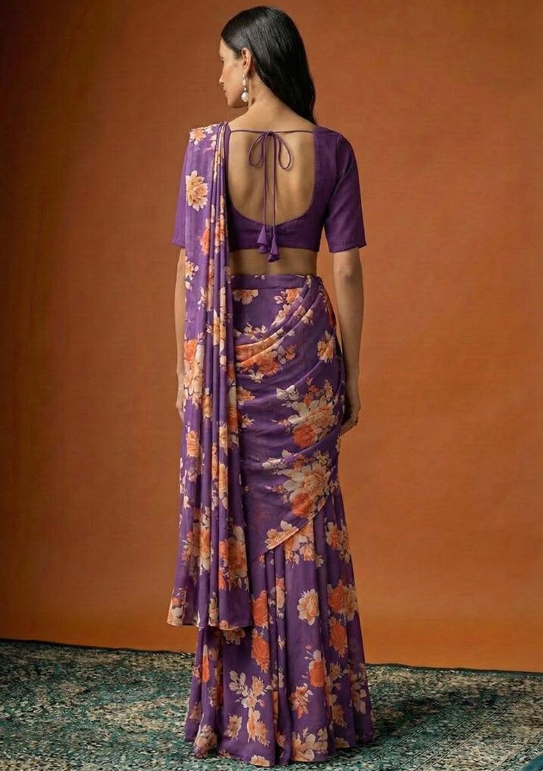 Purple Floral Print Georgette Pre Draped Saree Set - Indya