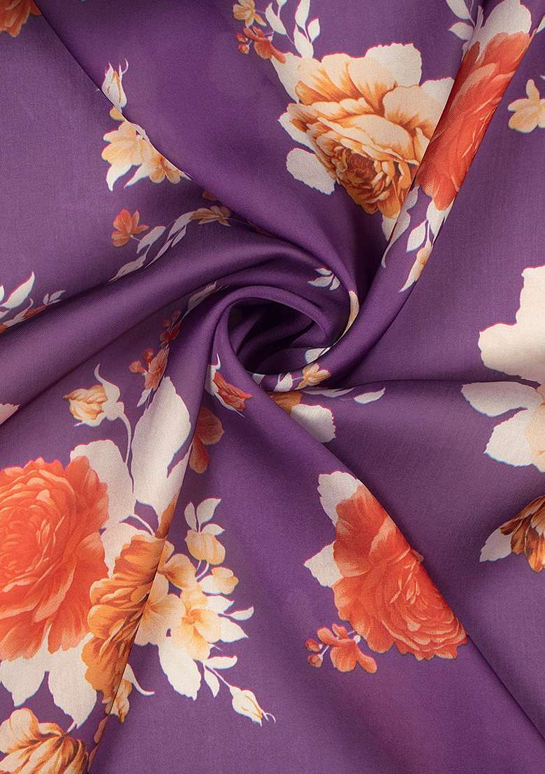 Purple Floral Print Georgette Pre Draped Saree Set for Diwali and Festive Wear - Indya