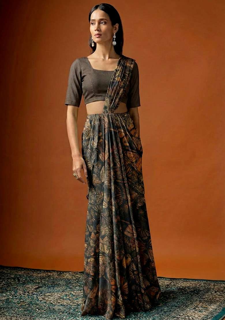 Charcoal Grey Georgette Pre Draped Saree Set with Floral Print for Diwali | Wedding & Festive Wear - Indya