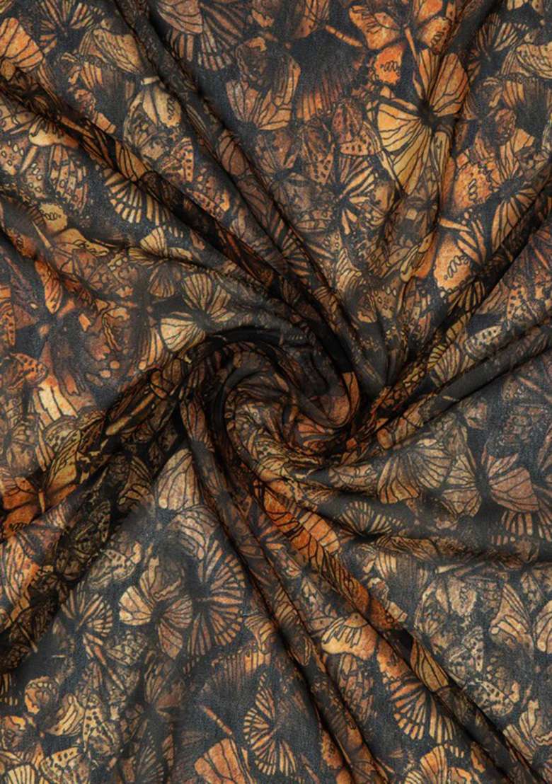 Charcoal Grey Georgette Pre Draped Saree Set with Floral Print for Diwali | Wedding & Festive Wear - Indya
