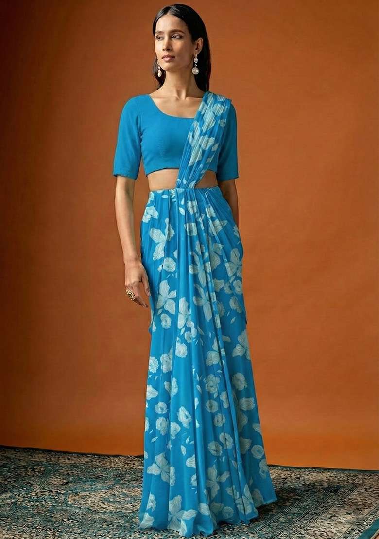 Aqua Blue Floral Print Georgette Pre Draped Saree Set for Diwali and Festive Wear - Indya
