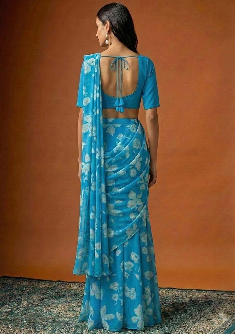 Aqua Blue Floral Print Georgette Pre Draped Saree Set - Indya