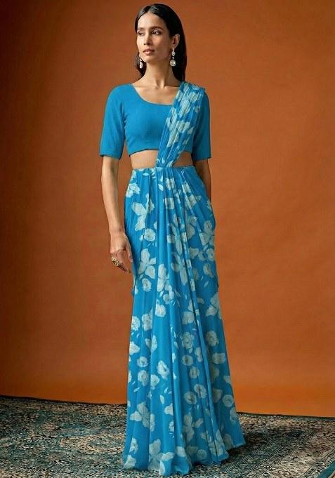 Aqua Blue Floral Print Georgette Pre Draped Saree Set