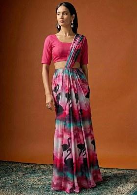 Pink Figure Print Georgette Pre Draped Saree Set