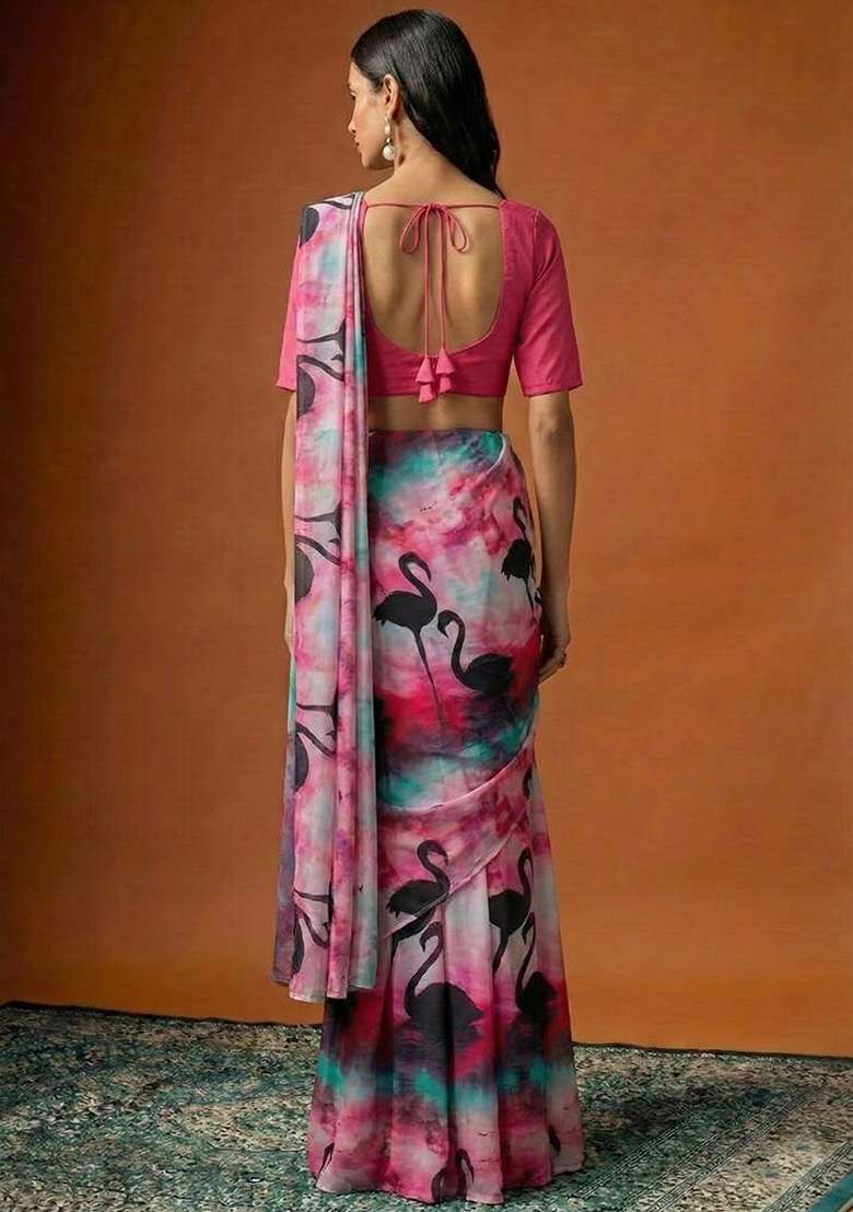 Pink Figure Print Georgette Pre Draped Saree Set for Diwali | Wedding & Festive Wear - Indya