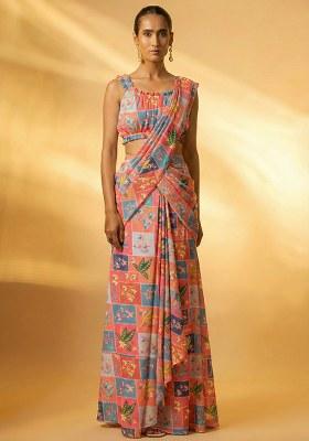 Multicolor Floral Print Chinon Pre Draped Saree Set
