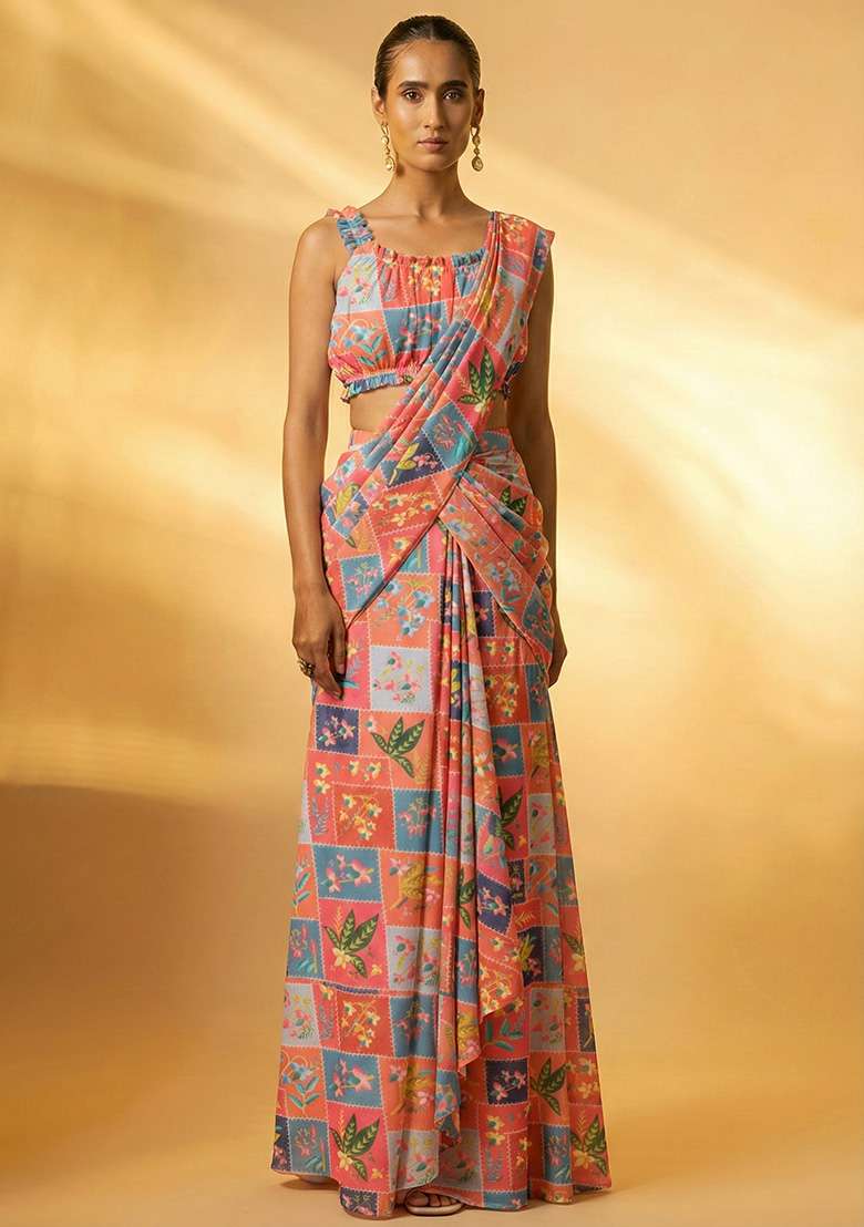 Multicolor Floral Print Chinon Pre Draped Saree Set - Indya