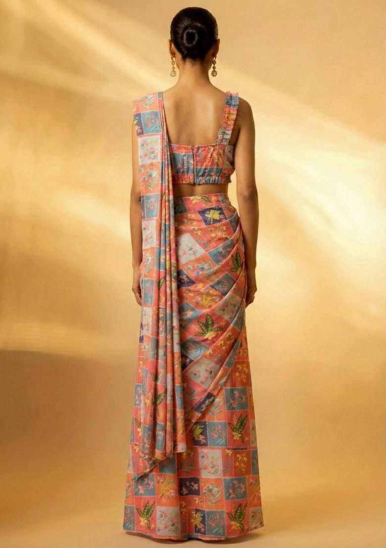 Multicolor Floral Print Chinon Pre Draped Saree Set - Indya