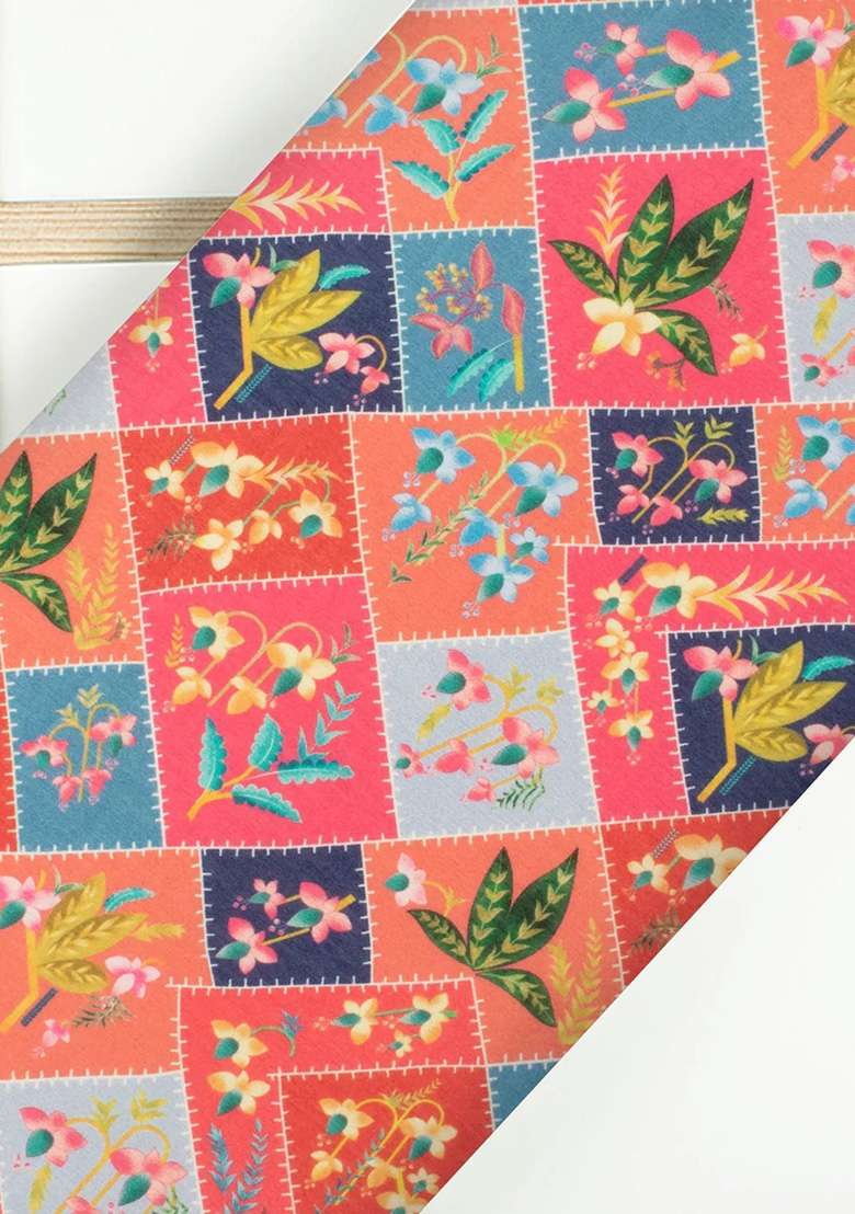Multicolor Floral Print Chinon Pre Draped Saree Set - Indya