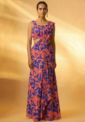 Multicolor Floral Print Chinon Pre Draped Saree Set