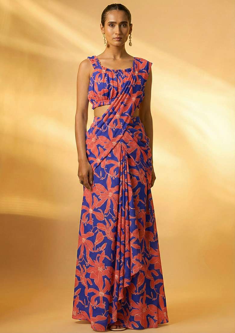 Multicolor Floral Print Chinon Pre Draped Saree Set - Indya