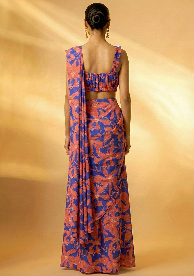 Multicolor Floral Print Chinon Pre Draped Saree Set - Indya