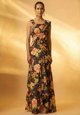 Brown Floral Print Chinon Pre Draped Saree Set