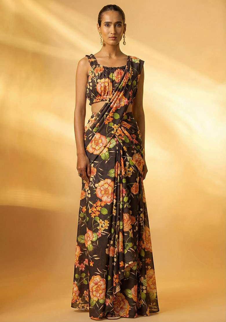 Brown Floral Print Chinon Pre Draped Saree Set - Indya