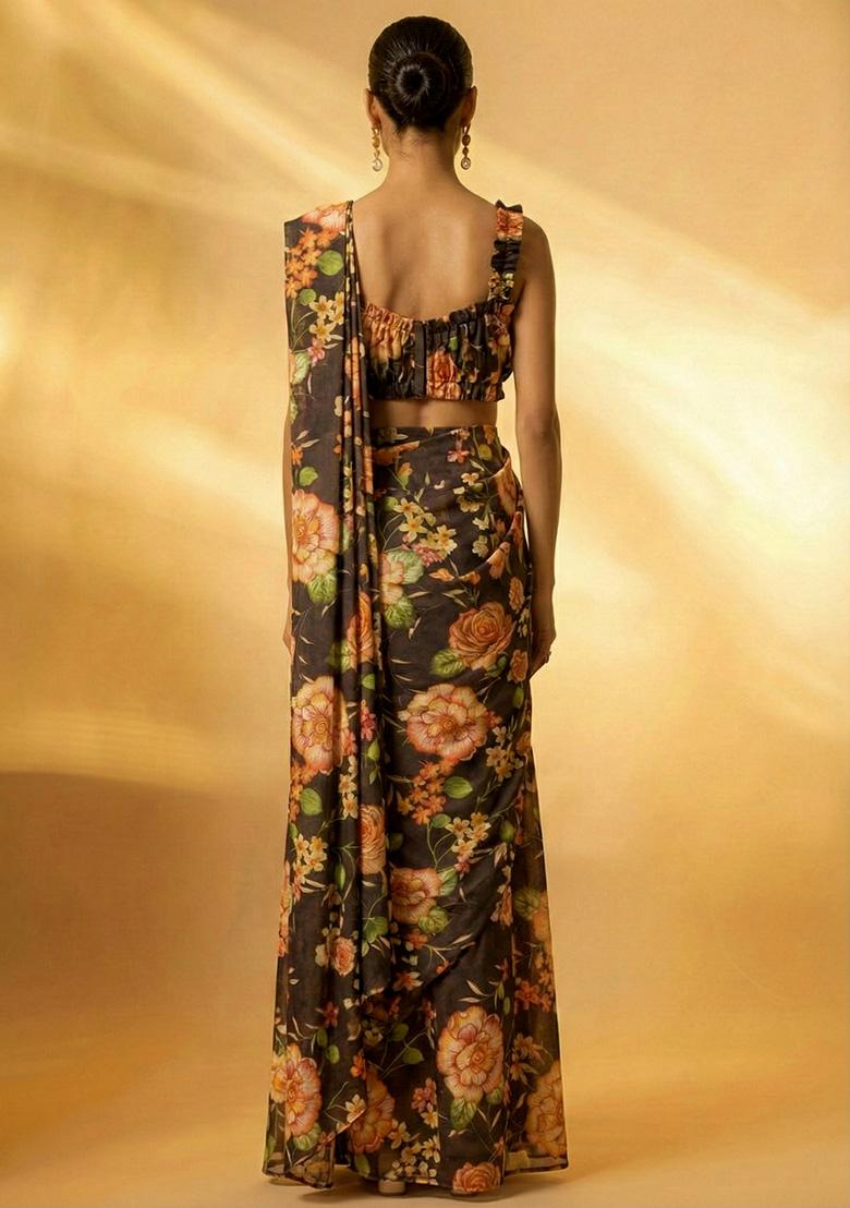 Brown Floral Print Chinon Pre Draped Saree Set - Indya