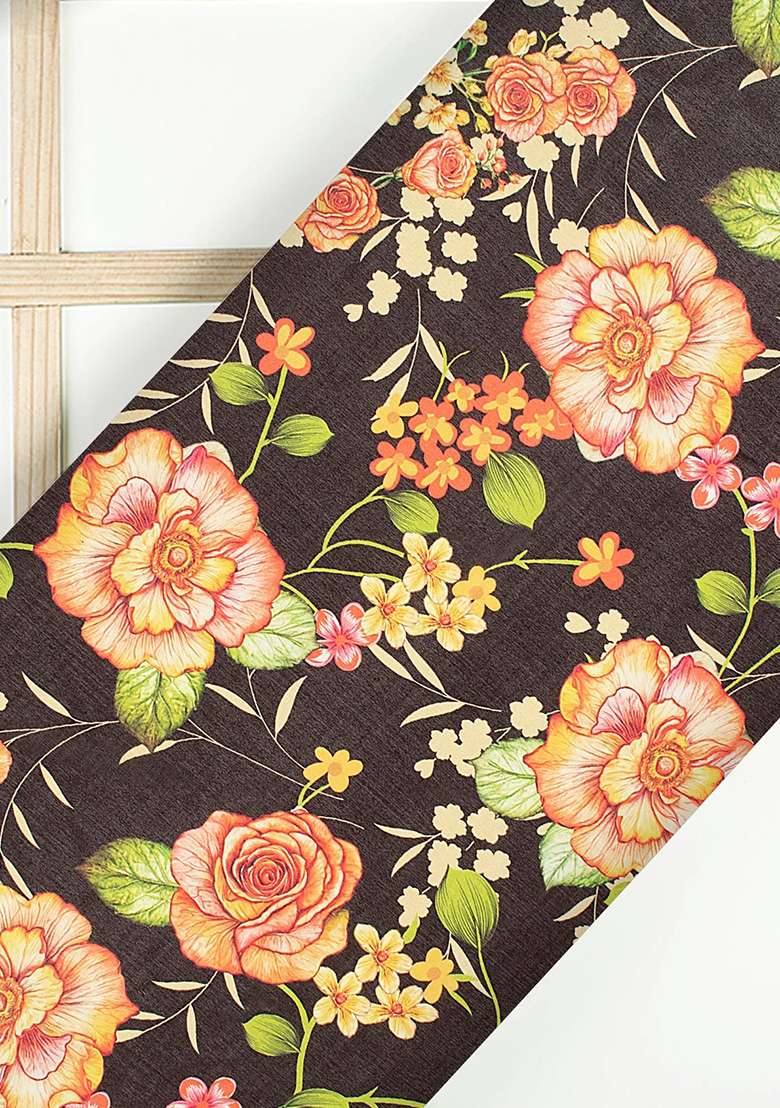 Brown Floral Print Chinon Pre Draped Saree Set - Indya