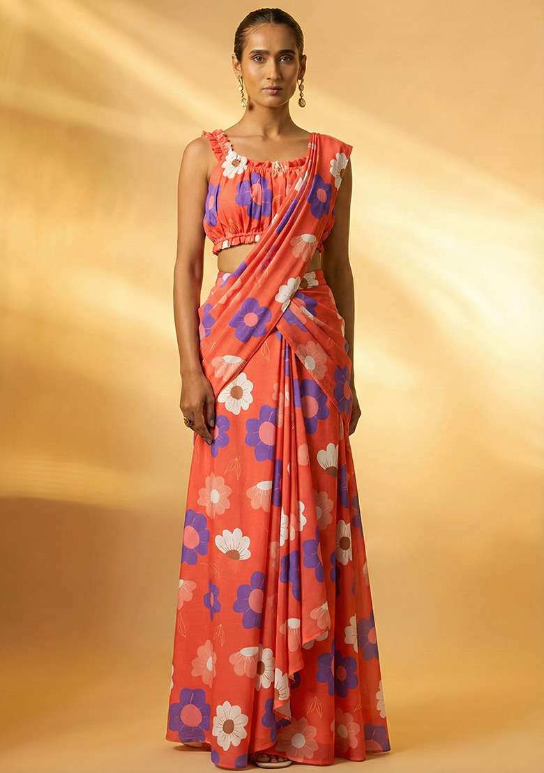 Coral Orange Floral Print Chinon Pre Draped Saree Set - Indya