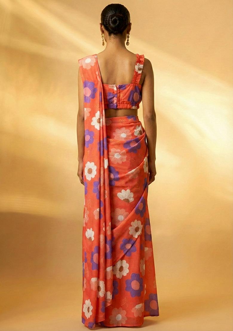 Coral Orange Floral Print Chinon Pre Draped Saree Set - Indya