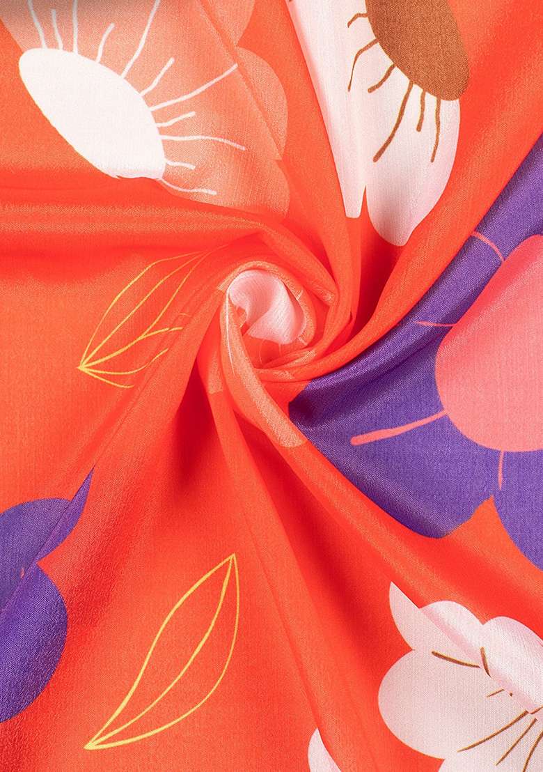Coral Orange Floral Print Chinon Pre Draped Saree Set - Indya