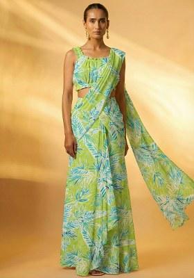 Mint Green Floral Print Chinon Pre Draped Saree Set