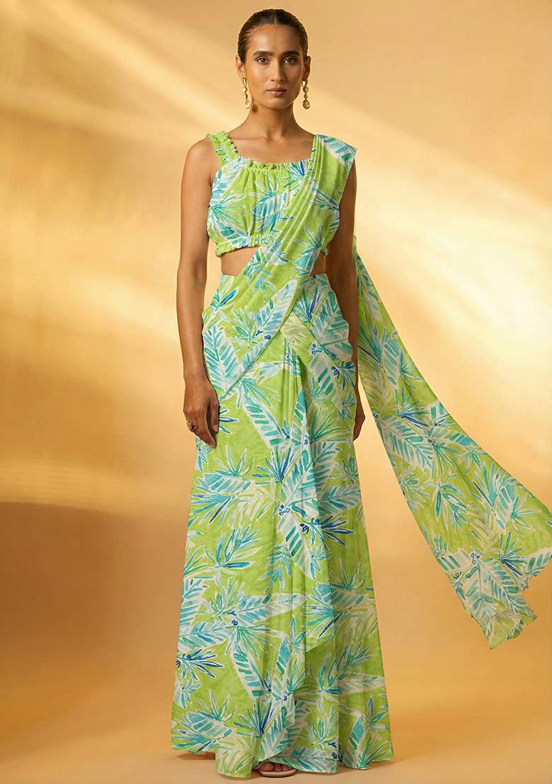 Mint Green Floral Print Chinon Pre Draped Saree Set - Indya