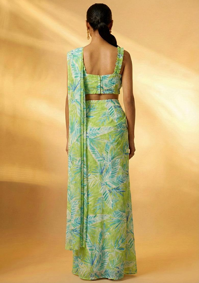 Mint Green Floral Print Chinon Pre Draped Saree Set - Indya