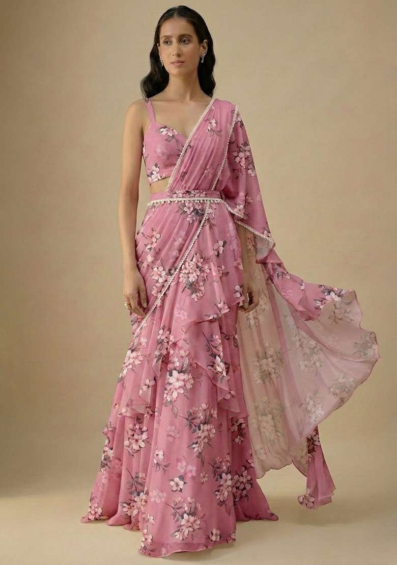 Blush Pink Floral Print Satin Pre Draped Saree Set - Indya
