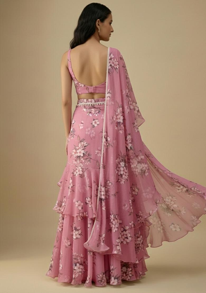Blush Pink Floral Print Satin Pre Draped Saree Set - Indya