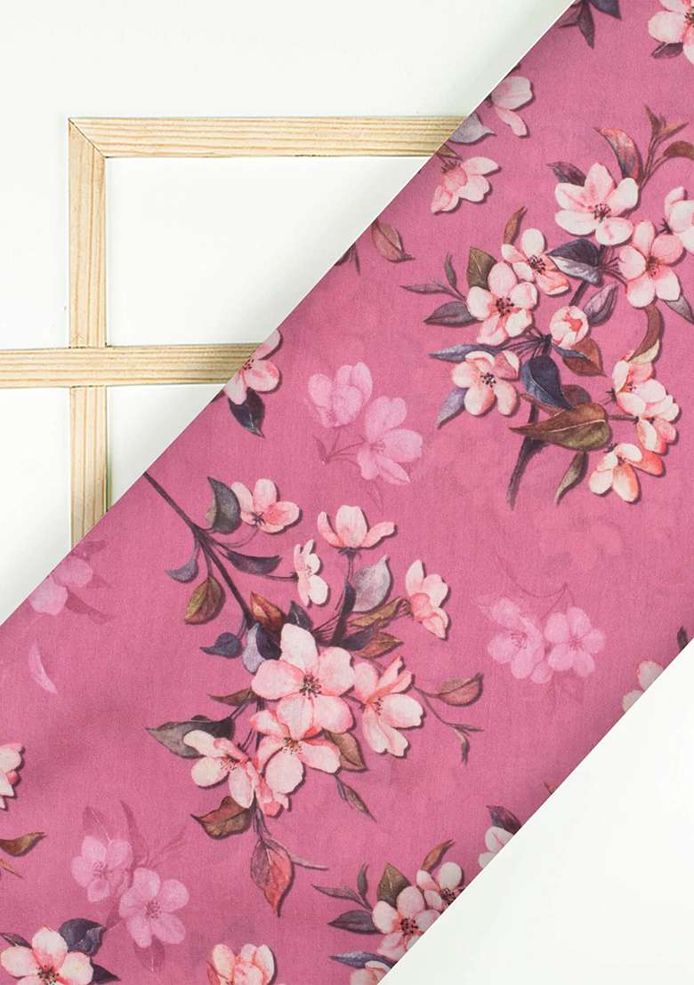Blush Pink Floral Print Satin Pre Draped Saree Set - Indya