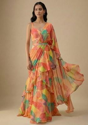 Peach Orange Floral Print Satin Pre Draped Saree Set