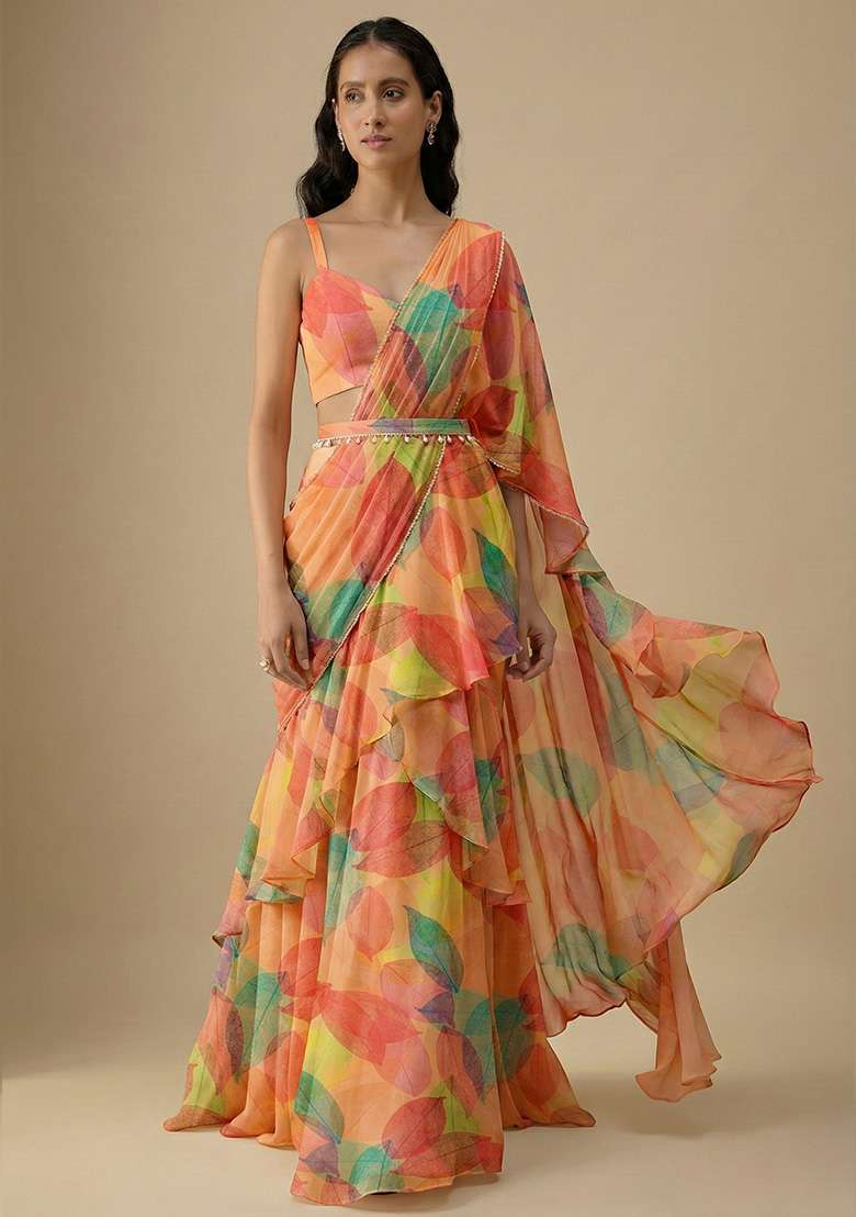 Peach Orange Floral Print Satin Pre Draped Saree Set - Indya