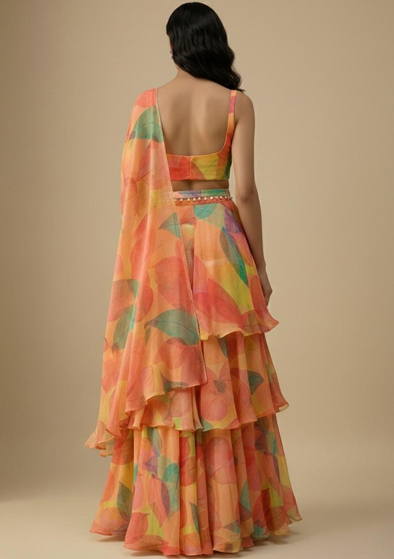 Peach Orange Floral Print Satin Pre Draped Saree Set - Indya