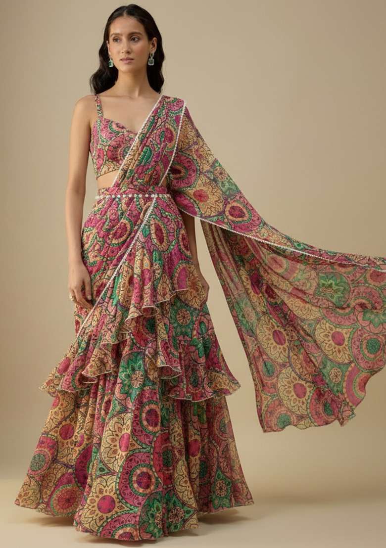 Multicolor Floral Print Satin Pre Draped Saree Set - Indya