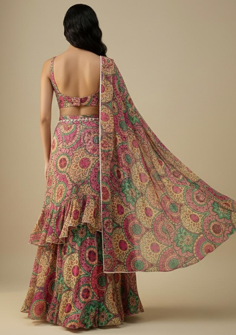 Multicolor Floral Print Satin Pre Draped Saree Set - Indya