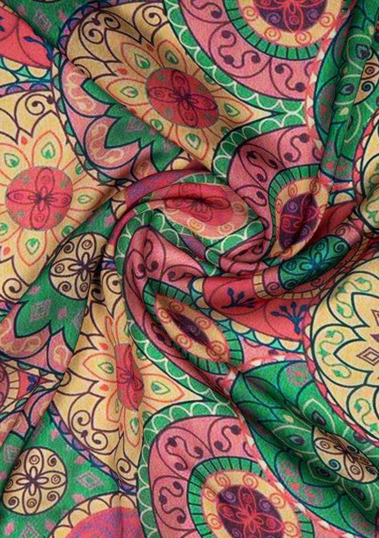 Multicolor Floral Print Satin Pre Draped Saree Set - Indya