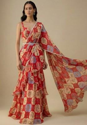 Multicolor Floral Print Satin Pre Draped Saree Set