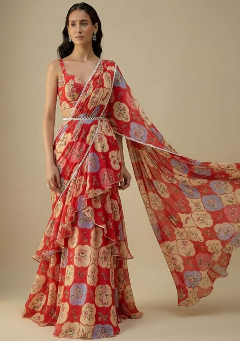 Multicolor Floral Print Satin Pre Draped Saree Set - Indya