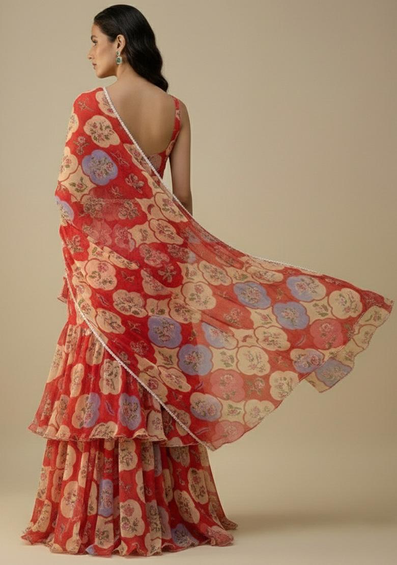 Multicolor Floral Print Satin Pre Draped Saree Set - Indya