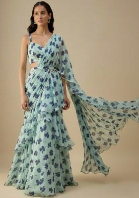 Ice Blue Floral Print Satin Pre Draped Saree Set