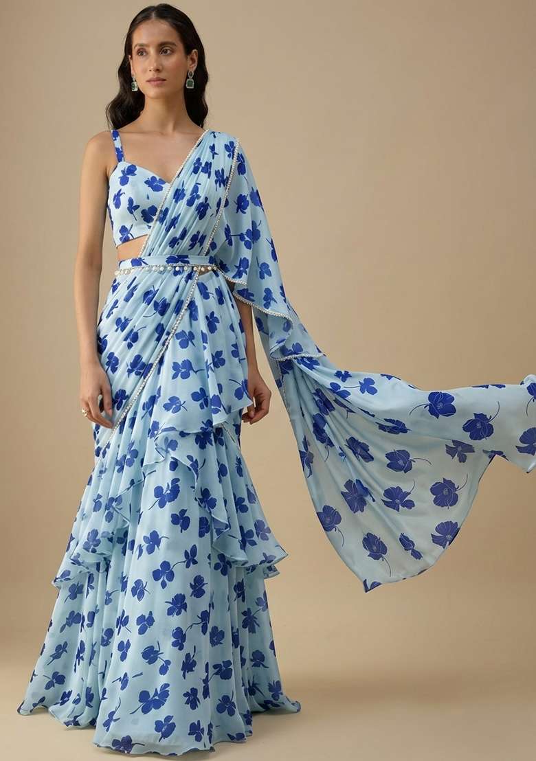 Ice Blue Floral Print Satin Pre Draped Saree Set - Indya