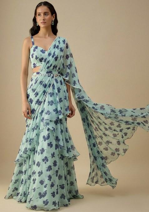 Ice Blue Floral Print Satin Pre Draped Saree Set