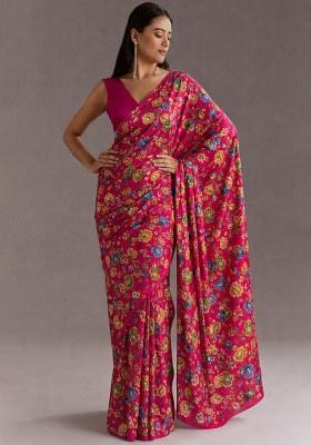 Rani Pink Floral Print Crepe Pre Draped Saree Set