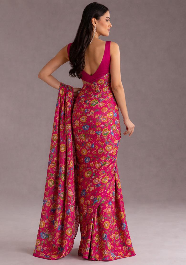 Rani Pink Floral Print Crepe Pre Draped Saree Set - Indya
