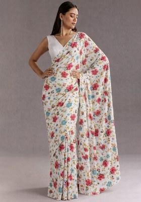 Ivory Floral Print Crepe Pre Draped Saree Set